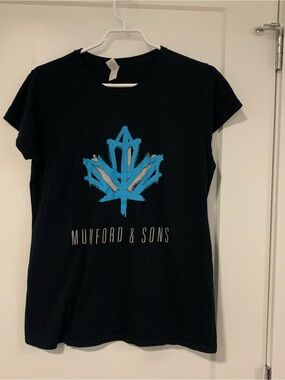 Women’s Mumford & Sons concert Black Tee with Blue Maple Leaf Logo